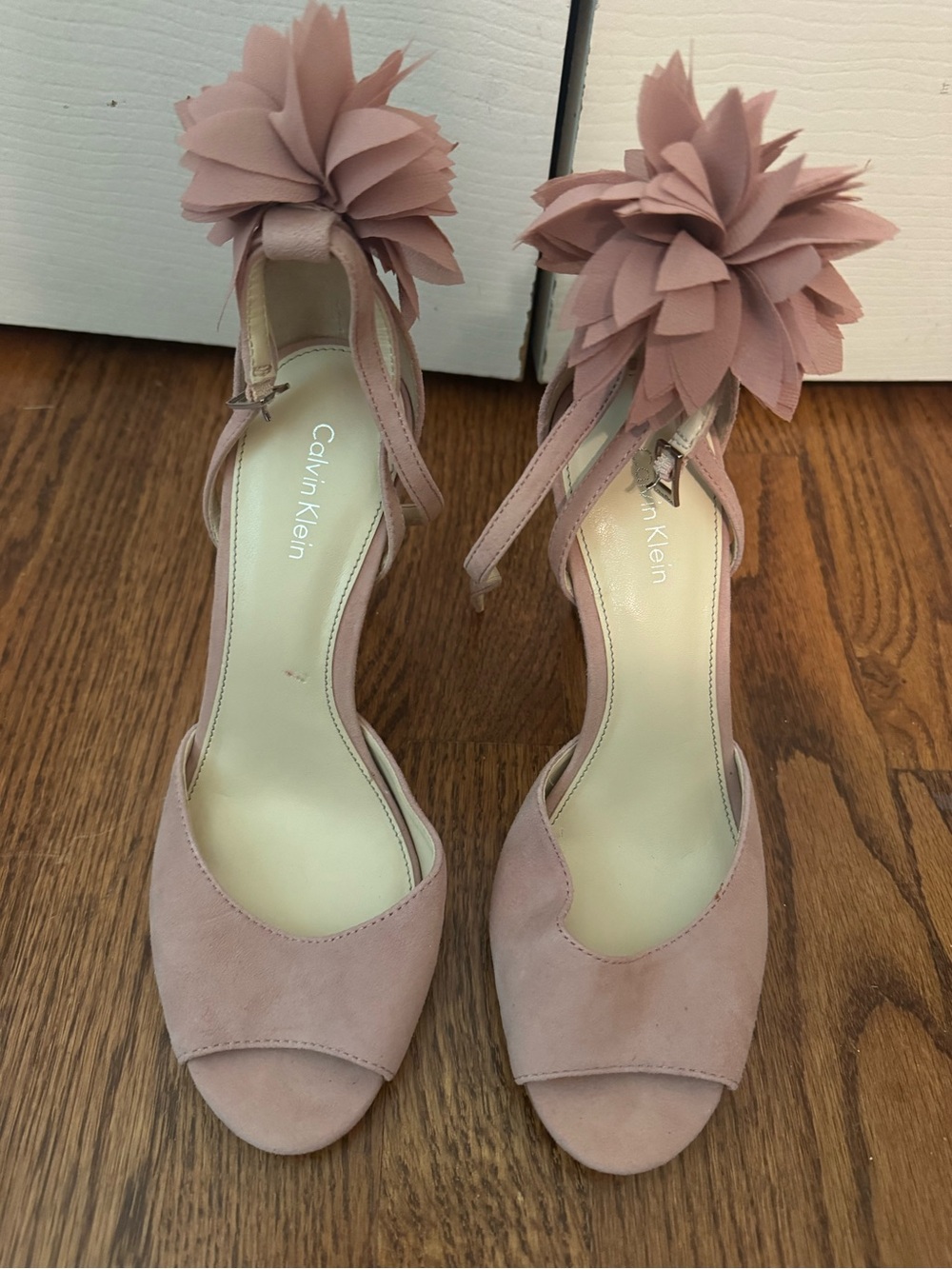 Calvin Klein Dusty Pink Suede Floral Ankle-Strap Heels